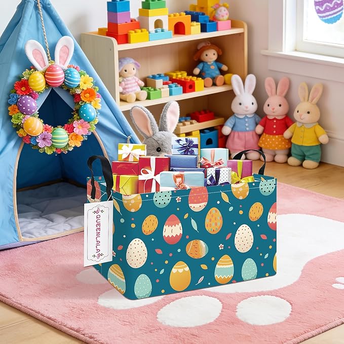 QUEENLALA Rectangular Laundry Hamper/Foldable Nursery Laundry Basket for Organizing/Storage Bin Baskets/Children Toy Office Bedroom/Toy Bin Closet Shelf Baskets (Rec-Blue Easter eggs)