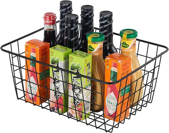 JUNCHU CHERRY【Extra Large】Wire Kitchen Storage Baskets 2 Packs,Perfect Pantry Organization Accessories Basket,Laundry Basket,Suitable for Countertop, Kitchen, Bedroom, Bathroom,Black