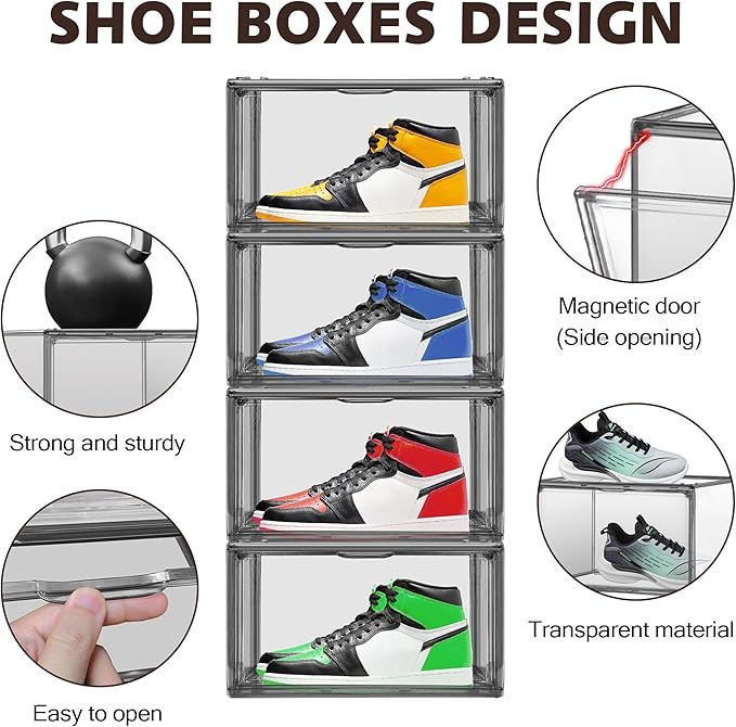 10 Pack Black Acrylic Shoe Display Case Size 12 Sneaker Storage Box Handbag Purse Organizer Clear Storage Bins with Magnetic Door for Shoes, Purse, Handbag, Figure Collectibles