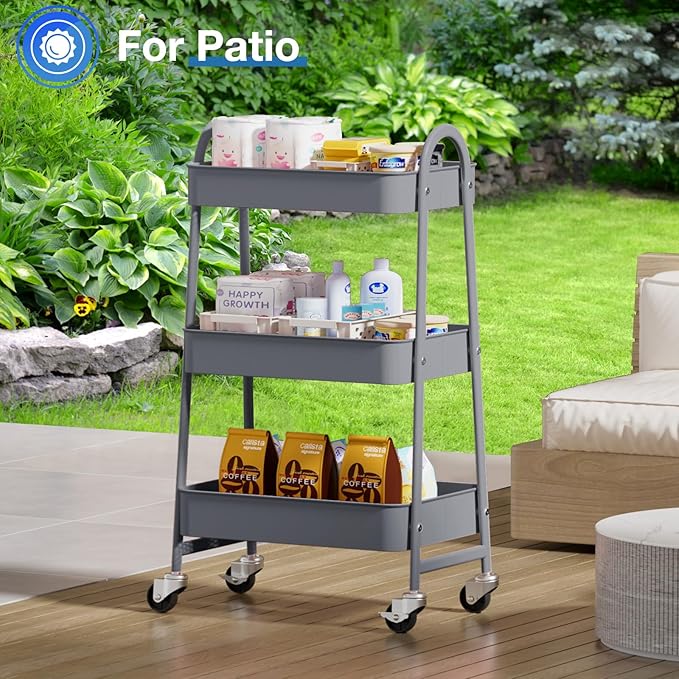 OLIXIS 3 Tier Utility Rolling Cart, Metal Mobile Storage Shelf with Lockable Caster Wheels, Organization for Livingroom, Bathroom & Narrow Places, Gray
