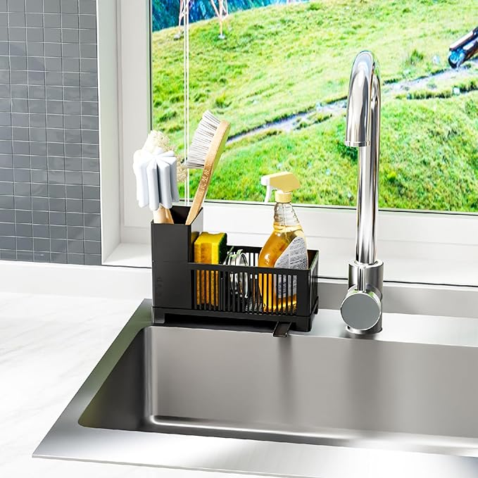 Rustproof Kitchen Sink Organizer for Countertop,Multifunctional Sink Organizer Caddy & Organization,Scrub Brush and Sponge Holder,Plastic Sink Storage Rack,Sponge Drain Rack,Dish Soap Dispenser,Black