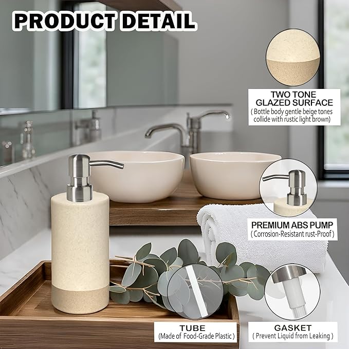 Bathroom Accessories Set 4, Beige Soap Dispenser for Bathroom, Toothbrush Holder,Tumbler Cup and Soap Dish, New Apartment Essentials, Modern Beige Bathroom Décor (Rustic)