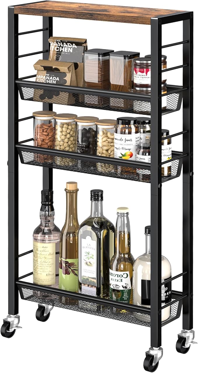 Narrow Storage Cart with Wheels,4-Tier Narrow Kitchen Carts Slim Rolling Cart,Skinny Storage Cart for Small Spaces,Rolling Utility Cart for Livingroom,Diningroom,Office,Laundry Room,Bathroom