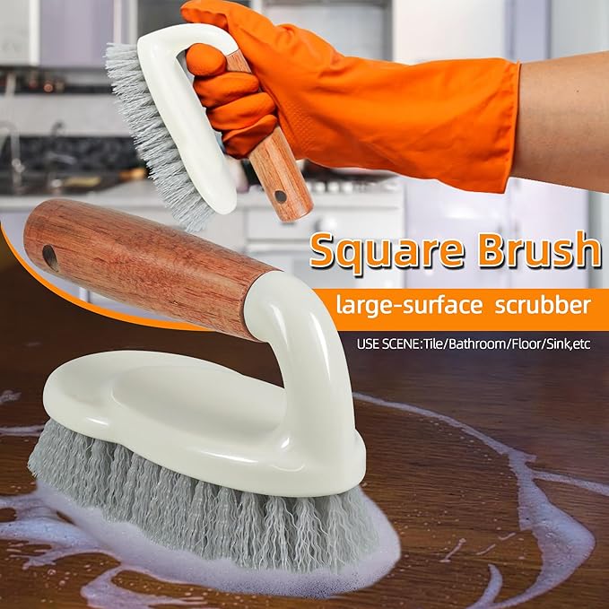 5-Pack Heavy Duty Scrub Brushes Set with Wooden Handles, Multi-Surface Scrubber for Kitchen, Bathroom, Tile & Grout, Includes Spherical, Triangle, Square & Dish Brush for Stubborn Stains