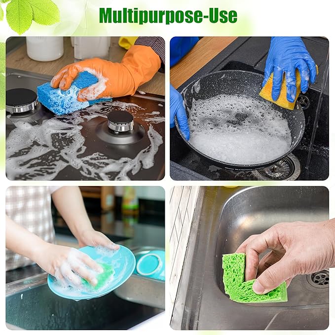 12 PCS Kitchen Sponges, Natural Compressed Cellulose Sponges, Non-Scratch Reusable Sponges for Kitchen Dish Washing, Scrub Sponge for Cleaning, Bathroom, Cars, Cut-Outs DIY