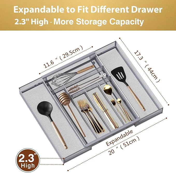 Silverware Organizer Metal Mesh, Large Drawer Organizer, Utensil Cutlery Tray for kitchen drawers, Expandable Flatware Organizer with 8 Compartment Silver 11.6"~20" x 17.3"