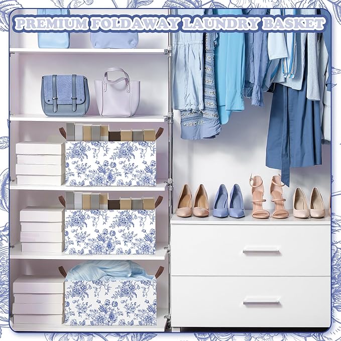 Boao 3 Pcs Blue Floral Storage Bin Wildflowers Collapsible Large Storage Baskets for Gifts Canvas Laundry Basket Foldable Box with Handle for Office Home Bedroom Clothes
