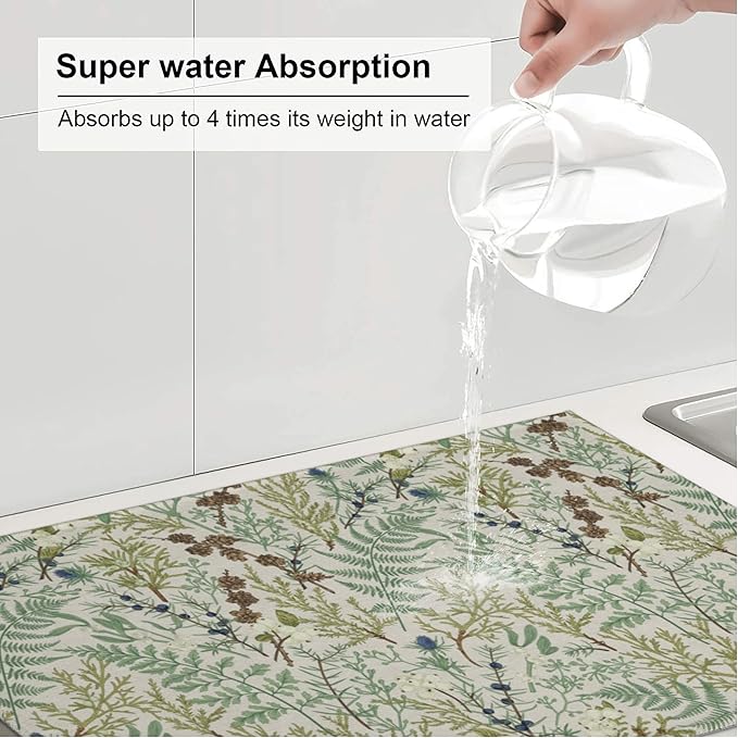 3Pcs Green Plant Dish Drying Mat & Kitchen Sink Splash Guard Faucet Mat For Kitchen Counter Absorbent Microfiber Dishes Pad Dish Drainer Rack Mats Fast Dry Kitchen Accessories