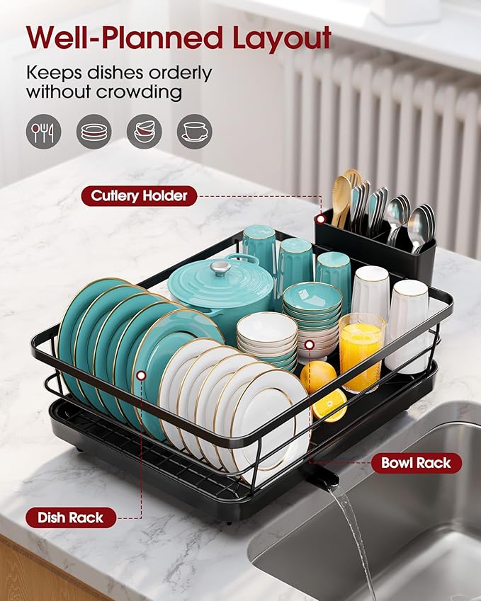 Stainless Steel Dish Drying Rack for Kitchen Counter, Sink Organization and Storage Essentials with Silverware & Utensil Holder, Home and Apartment Decor, 12''W x 15.5''L, Black