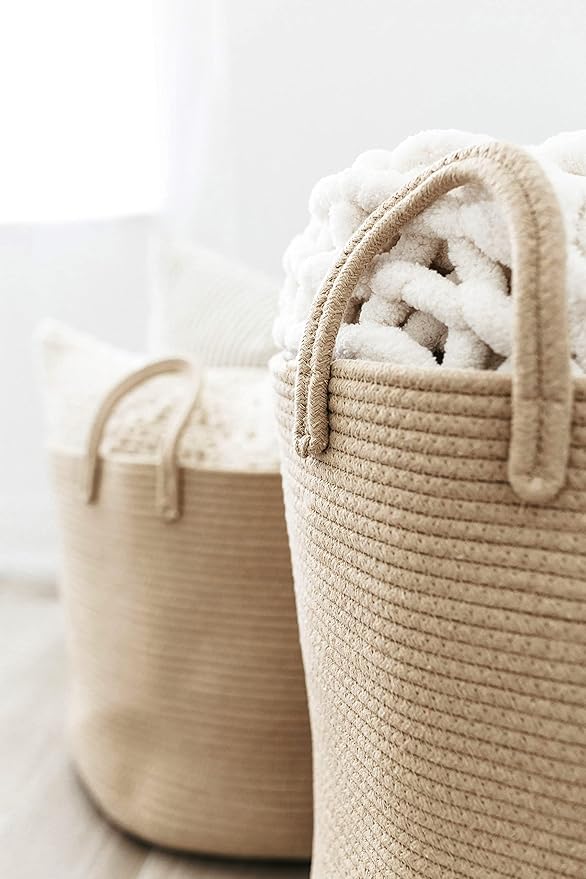 OrganiHaus Large Woven Storage Basket for Blankets and Toys 20" x 13" Inch, Rope Laundry Basket with Handles, Cushions & Pillows Storage Bin, Nursery Hamper, Soft Round Dog Toy Bin - Honey