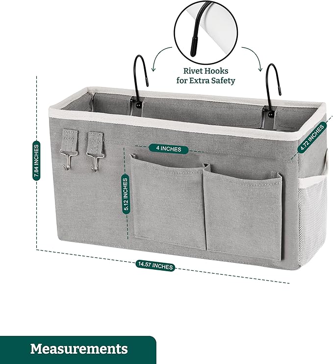 Bedside Caddy Organizer Hanging Storage Bag with Pockets for Books, Magazines, Phone, Tablet & Water Bottle – 2-Pack Bedside Storage for Dorm Rooms, Bunk Beds, Hospital Beds & Cribs , Gray