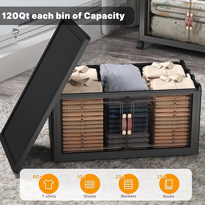 Extra Large Stackable Storage Bins with Lids & Wheels & Door,Foldable Collapsible Closet Organizers, Plastic containers drawers for bedroom Dorm (Dark-112QT, 5Pack with 1 top lid)