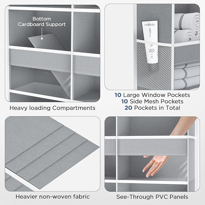 2 Pack 5-Tier Over The Door Organizer with 10 Side Mesh Pockets & Clear Windows, 80 lbs Weight Capacity Hanging Storage for Bathroom, Bedroom, Nursery, Kitchen, Organize Shoes, Diapers(Grey)