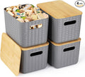 4 Packs Storage Bins with Bamboo Lids - Plastic Storage Containers with Lids Stackable Storage Box：Storage Baskets for Organizing Desktop Closet Playroom Classroom Office,Gray