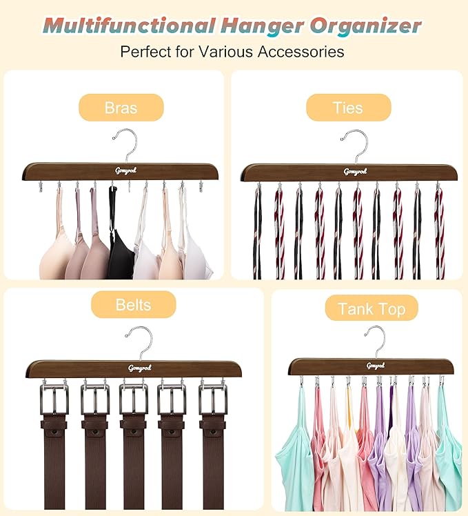 Bra Hanger for Closet, 1 Pack Tank Top Hanger w/20 Hooks Capacity Foldable Wood Space Saving Hangers, 360°Rotating Closet Organizers and Storage for Dorm & Apartment for Bra Scarf Ties(Brown)