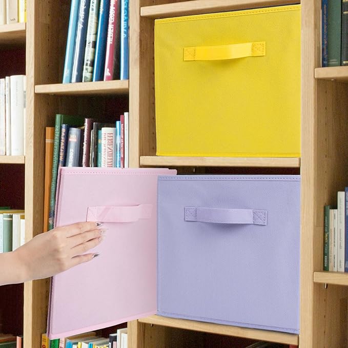Fabric Storage Bins 12 Pack 11 inch Foldable Storage Cubes with Handles Fun Colored Durable Cube Storage Bin for Home, Playroom, Closet Organizers and Storage Green, Cyan, Purple, Yellow, Pink, Peach