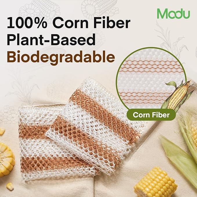 Modu 6 Pack EcoCorn Dish Sponges Scrubbers – 100% Corn Fiber, Biodegradable Kitchen Scrub Pads for Multipurpose Household Cleaning, Odor-Free, Plastic-Free Kitchen Mesh Net (Thin & Foamy 6 Count)