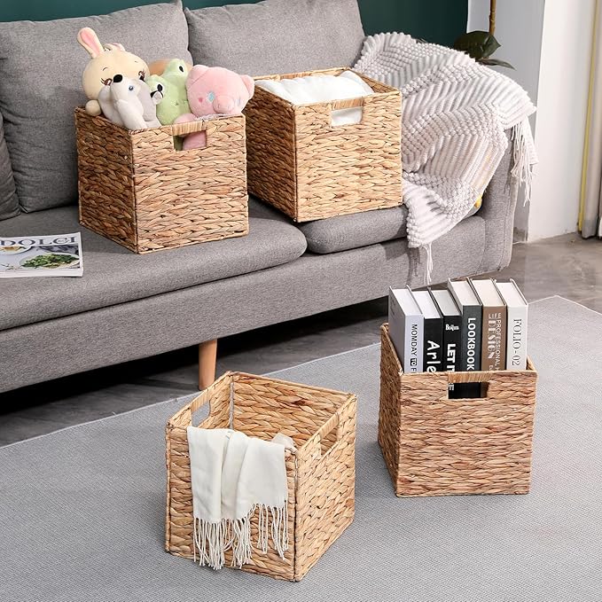 11x11in Storage Baskets Set of 4 Water Hyacinth Baskets,Foldable Wicker Storage Cubes, Baskets for Bathroom, Bedroom, Laundry, Pantry, Shelves