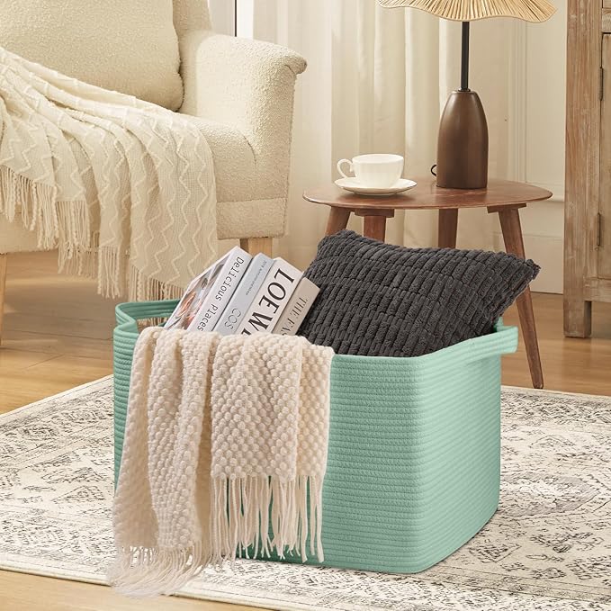 95L Extra Large Blanket Basket, 24" x 16.9" x 14.2" Woven Storage Basket for Living Room, Rectangle Nursery Blanket Storage for Toys, Towels, Dirty Clothes (Green)