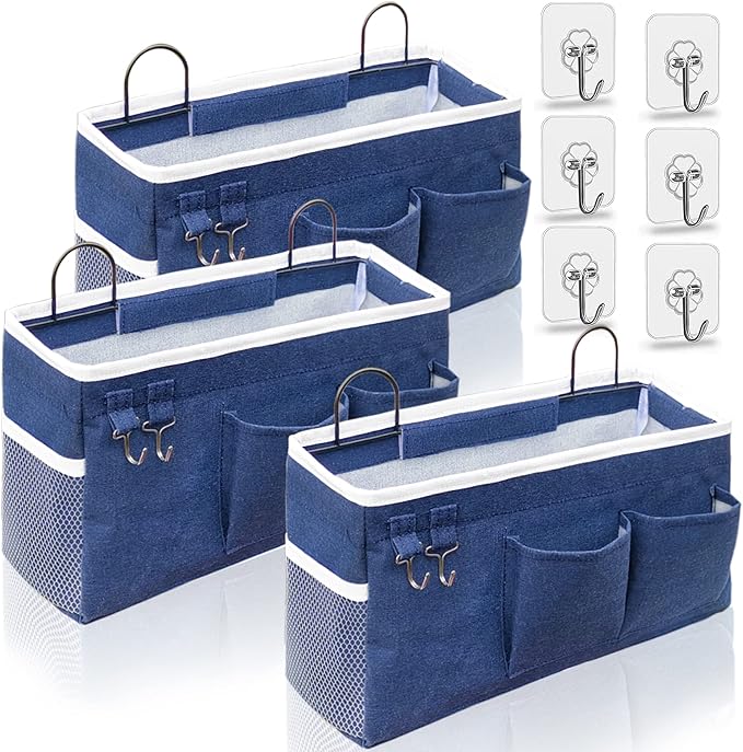 Kanrichu 3pcs Large Wall Hanging Organizer Bag, Linen Fabric Door Hanging Storage Baskets with Pockets, Waterproof Bin for Kitchen, Bedroom, Office, RV Camper (Blue)