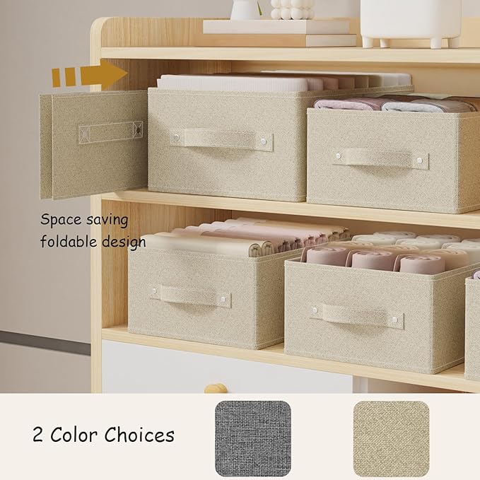 Collapsible Fabric Organizer Bins, Storage Boxes, Cloth Cube Baskets for Organizing Home, Office and Closet, Grey and Beige, 3 Pack, 16.1x9.8x6.4in
