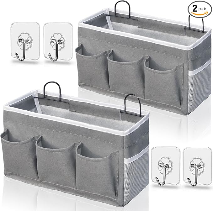 Wall Hanging Organizer Bag, 2-Pack Linen Storage Baskets with Pockets, WallHanging Storage Basket for Bedroom, Kitchen, Office, RV Camper (Gray)
