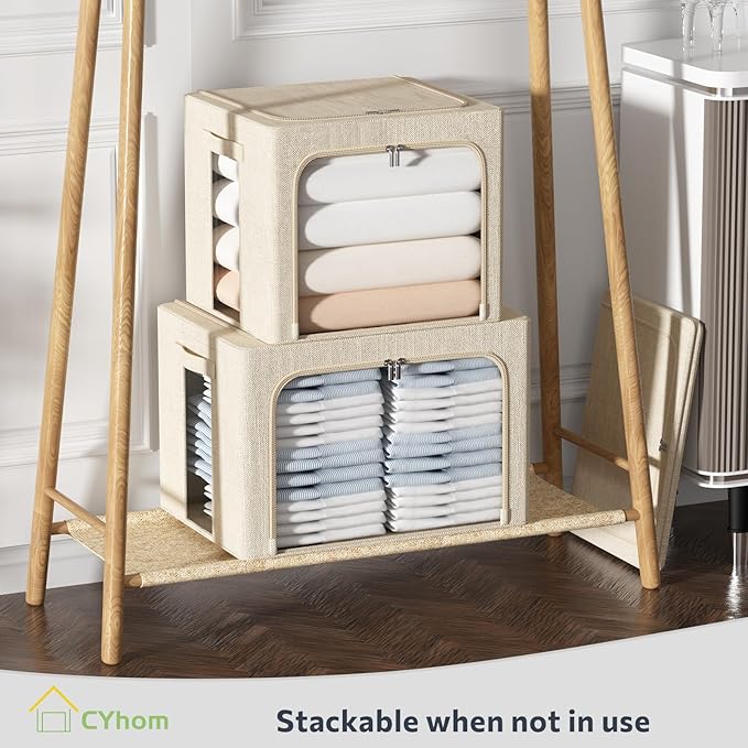 CYhom Extra Large Clothes Storage Bins - Linen Fabric Foldable Stackable Container Organizer Set with Clear Window & Carry Handles & Metal Frame - 2Pack Large Capacity for Bedding, Blankets, Books
