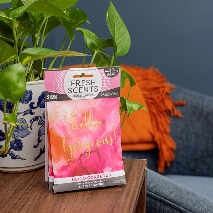 Fresh Scents Scented Sachets | Hello Gorgeous | Home Fragrance | Long Lasting (Up to 6 Months) | Air Freshener for Closets, Drawers, & Cars | 6 Pack