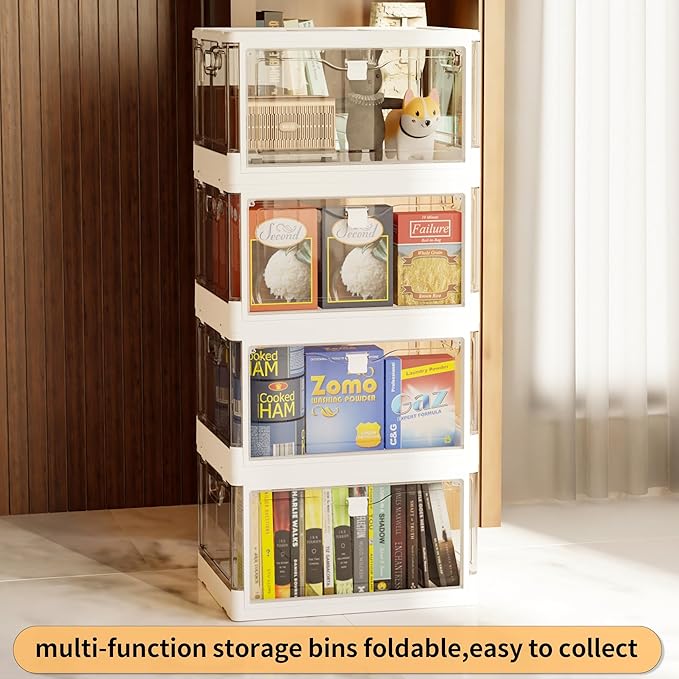 3-Pack 24 QT Clear Stackable Storage Bins with Lids & Magnetic Doors - Open Front Plastic Closet Organizers, Multifunctional Folding Storage for Bedrooms, Living Rooms, Study, and Kids' Toys