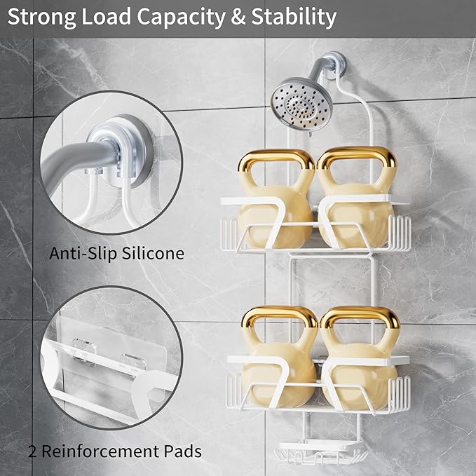 White Shower Organizer Hanging - 2 Over The Shower Head Caddies + Soap Dish, Stainless Steel Rust-Free Bath Organizer