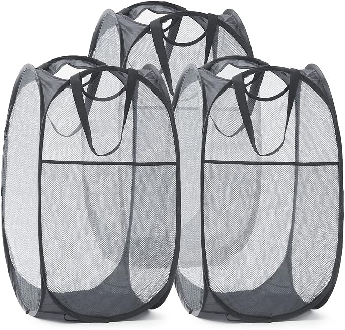 TECHMILLY Collapsible Mesh Pop Up Laundry Hamper with Sturdy Handles and Side Pocket - Portable Foldable Clothes Baskets for Dorm, Bathroom & Travel Storage (Grey, 3 Packs)