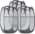 TECHMILLY Collapsible Mesh Pop Up Laundry Hamper with Sturdy Handles and Side Pocket - Portable Foldable Clothes Baskets for Dorm, Bathroom & Travel Storage (Grey, 3 Packs)