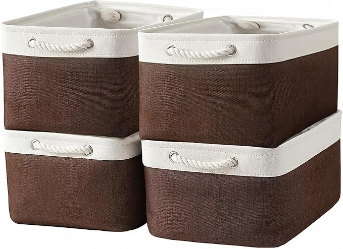 Sacyic Organization and Storage Basket for Organizing - 16x12x8 inch Large 4 Pack Fabric Storage Cube Collapsible Storage Bins for Shelves, Storage Box for Cloth Books Canvas(White & Flaxen)