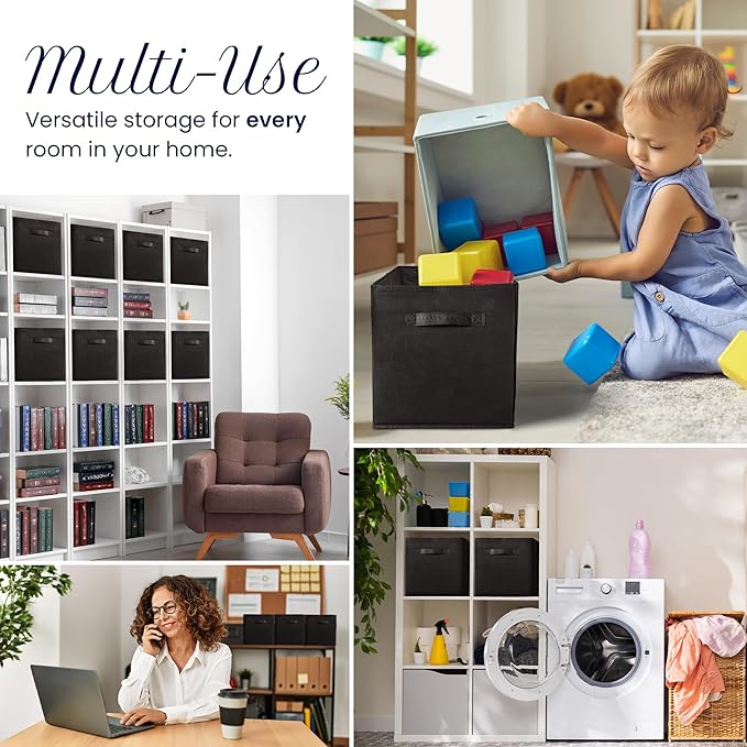 Reli. 13x13x13 Storage Cube Bins (8 Pack) | Large Cube Organizer Bins | 13x13 Fabric Storage Boxes | Fits Kallax | Collapsible, Foldable Fabric Cubby Box (Square) | Kids Room Organization (Black)