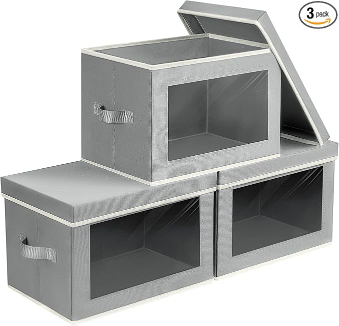 Storage Bins, Storage Baskets for Shelves with Window, Fabric Storage Bins with Handle, Foldable Storage Cubes Boxes for Organizing for Clothes, Towels, Books, 3 Pack, Grey