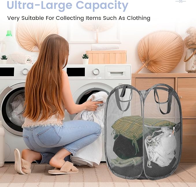 HOUSE AGAIN 2 Pcs Pop Up Laundry Hamper, Strong Mesh Laundry Baskets Collapsible, Hamper with Handles and Side Pocket, Portable Foldable Dirty Clothes for Dorm, Laundry room and Travel Storage, Grey
