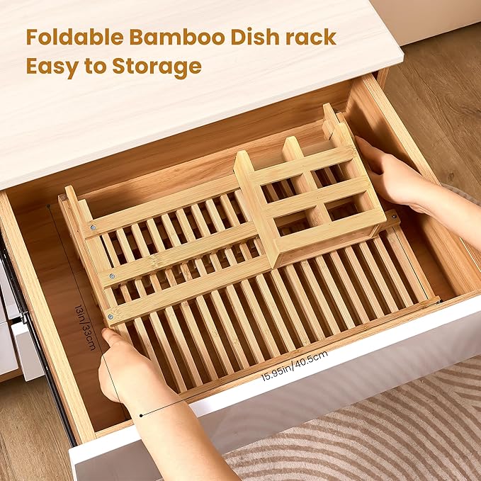 Bmaboo Dish Drying Rack for Kitchen Counter 3-Tier Collapsible Wooden Dish Drying Rack with Utensil Holder Dish Drainer Large Folding Dish Rack with Utensils Flatware Holder 51 pcs Grid