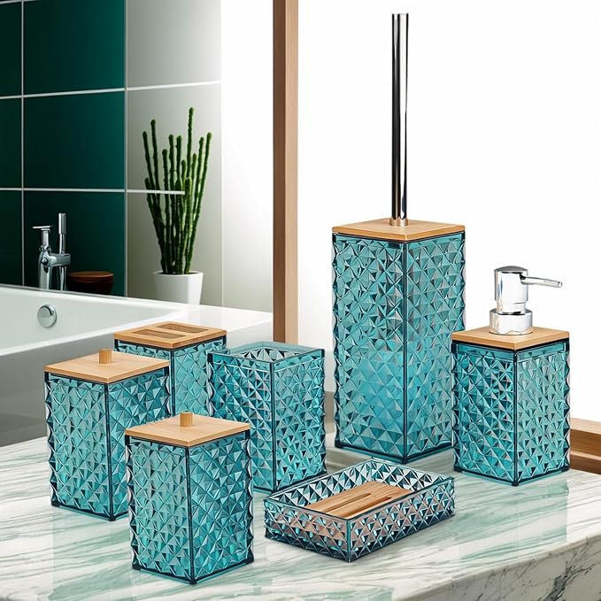 Bathroom Accessory Set,7 Pcs Dark Green Bathroom Set Include Soap Dispenser, Qtip Holder Dispenser, Soap Dish,Toilet Brush,Toothbrush Holder & Mouthwash Cup.Boho Bathroom Set