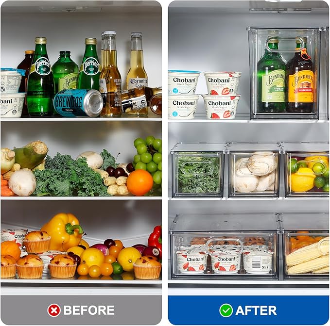 Fridge Drawer Pull Out Stackable Bins, Clear Refrigerator Stackable Organizers, Fridge Organizer Storage for Kitchen, Pantry, Vegetables, Fruits (2 Small + 1 Large)