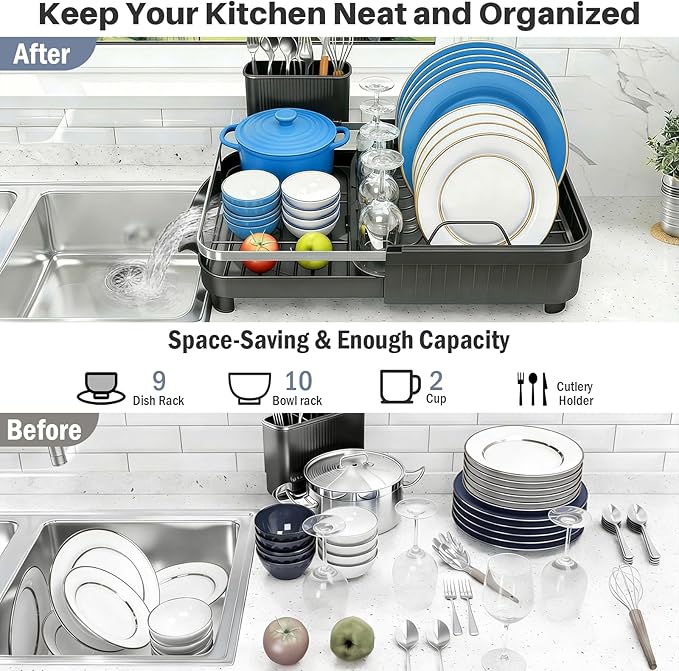 Dish Drying Rack – Expandable Dish Rack for Kitchen Counter, Stainless Steel Dish Drainer with Utensil Holder, Black