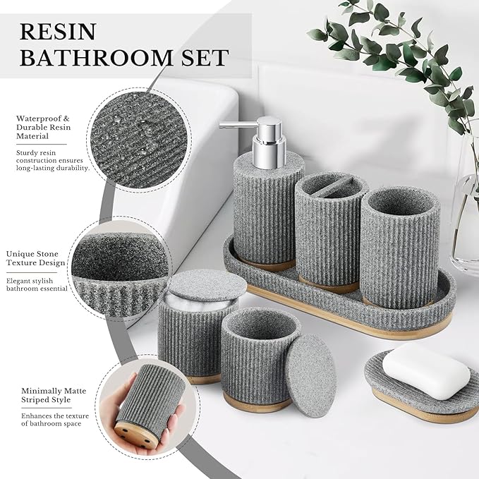 7PCS Bathroom Accessories Set, with Soap Dispenser, Q-tip Holder, Toothbrush Holder, Tumbler, Soap Dish, Vanity Tray, Complete Bathroom Accessory Set Organizer Countertop for Modern Home Decor, Grey