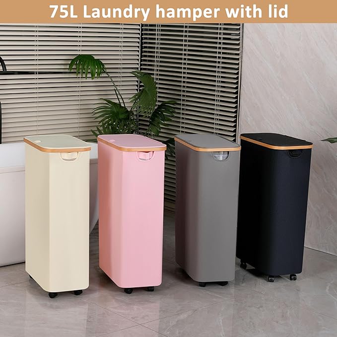 75L Laundry Basket with Wheels,Clothes Hamper for Laundry,Laundry Hamper with Lid and Inner Bag, for Laundry Room, Bedroom, Dormitory Storage,Pink