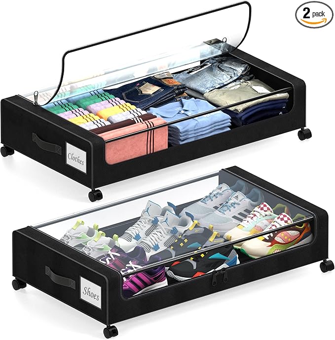 Under Bed Storage with Wheels, 2 Pack Under Bed Storage Containers with Dividers & Clear Lids, XXL 65L Under the bed storage Organizer Bins, Underbed Storage with Wheels for Clothes (Black, 2 Pack)