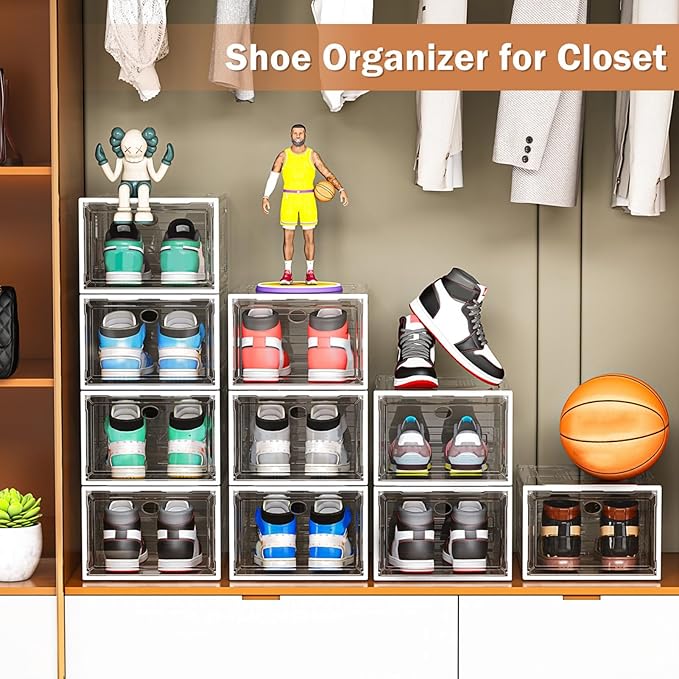 caktraie 10 Pack Thicken Shoe Organizer Stackable,Upgraded Sturdy Shoe Storage Box with Magnetic Door,Shoe Containers For Sneaker Display,Hat Organizer,White