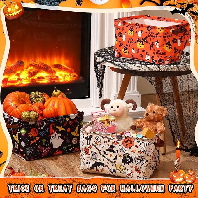 Boao 3 Pack Halloween Ghost Basket with Handles Collapsible Large Canvas Storage Baskets Boo Spooky Skull Pumpkin Cat Foldable Storage Bins Organizer Bins for Trick or Treat Gifts Bedroom Home Office