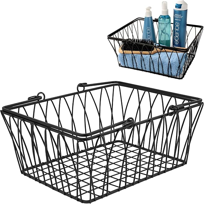 Spectrum Black Wire Basket with Handle Organizer for Kitchen Bathroom Closet Cabinet Storage, Sturdy Farmhouse Twist Wire Metal Pantry Basket with Handles for Home Decor Organization or Gift Basket
