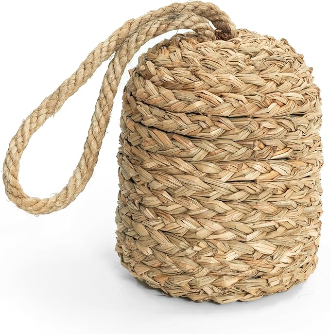 Decorative Door Stop With Handle - Natural Water Hyacinth Nautical Doorstop for Inside, Weight to Keep Open - Cute Stoppers for Bottom (Seagrass/Concrete), Beige
