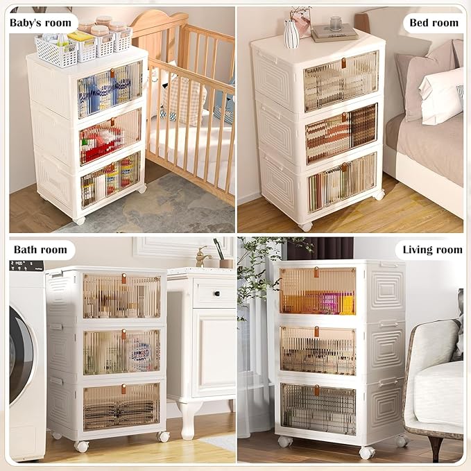 3 Tier Plastic Storage Bins with Lids 35QT, Stackable Storage Containers with Wheels, Folding Storage Boxes, Extra Large Collapsible Storage Bins, White