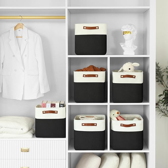 6-Pack Foldable Fabric Storage Cubes 11x11 Inch, Sturdy Cube Organizer Bins with Leather Handles, Storage Baskets for Closet Shelves and Home Organization(White/Black)