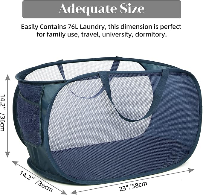 Durable Collapsible Laundry Baskets, Mesh Pop Up Laundry Hamper with Side Pocket, Foldable Clothes Storage Hamper with Reinforced Carry Handles for Laundry, Bathroom, Kids Room, Dorm or Travel Navy